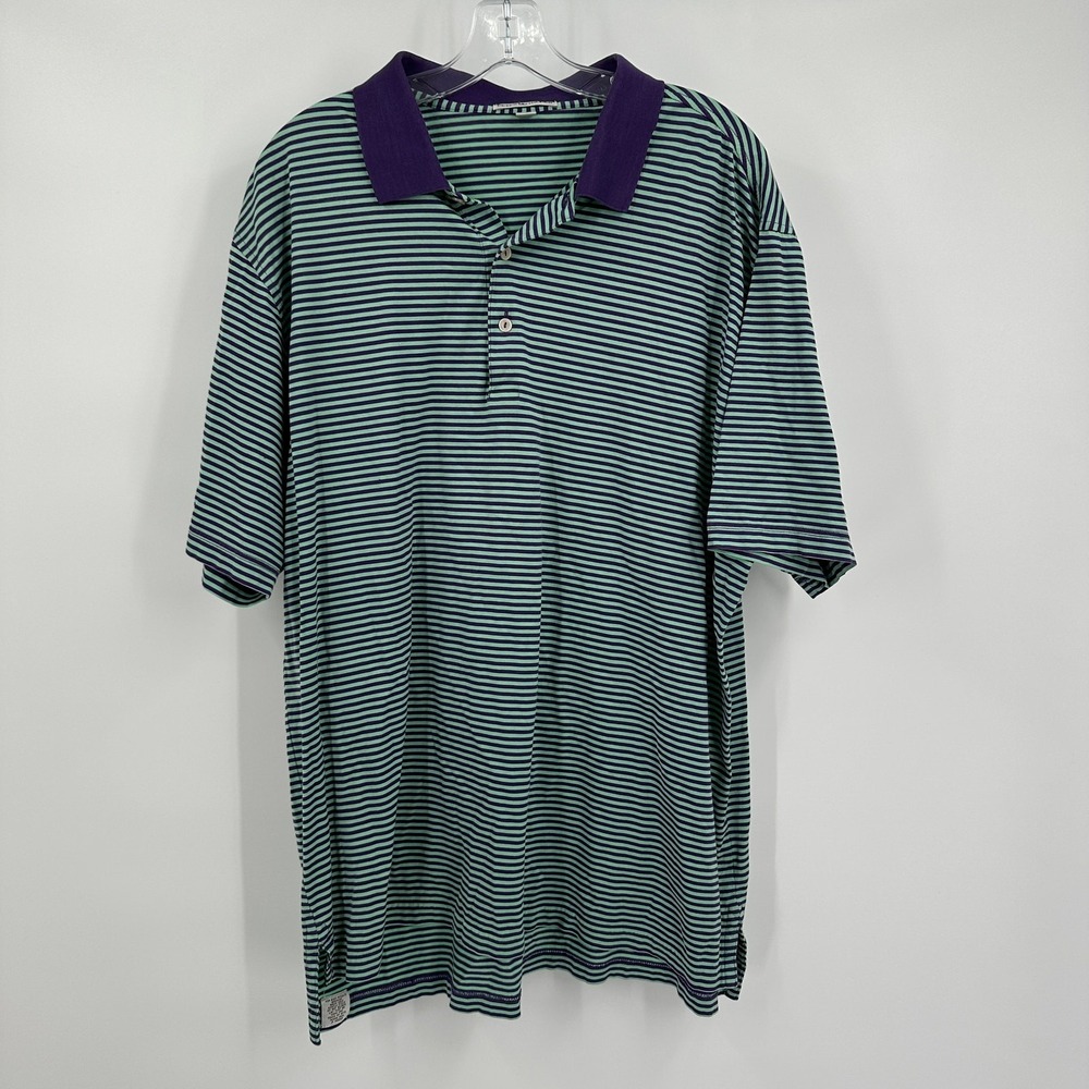 Peter Millar Men Striped Golf Polo Shirt Green Purple Cotton Short Sleeve Preppy